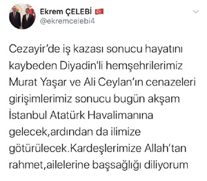Cezayir’de hayatını kaybeden Türk vatandaşları Türkiye’ye getirildi