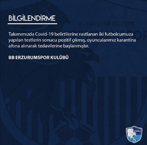 BB Erzurumspor’da iki futbolcunun korona virüs testi pozitif çıktı