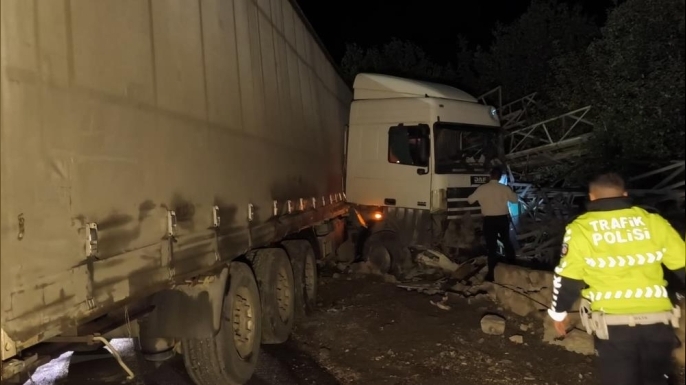 Erzurum'da tır refüjü aşıp direk deposuna daldı
